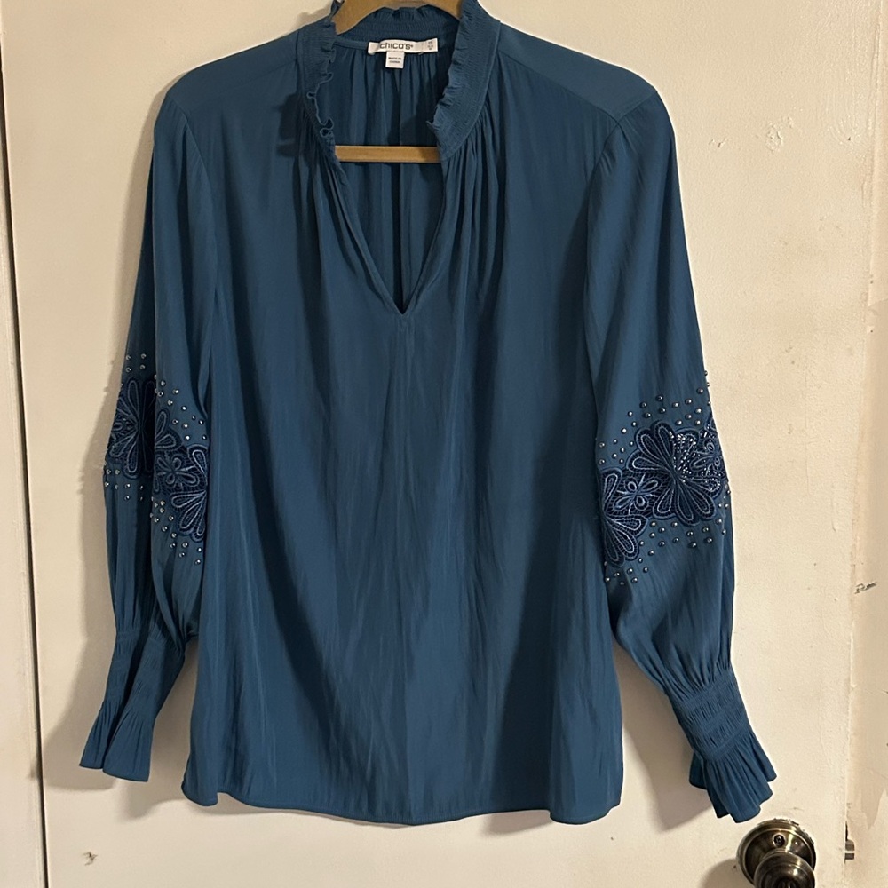 Chico's Blue Blouse with Floral Embroidery